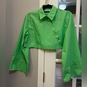 ASOS Green Button-Up Crop Top with bell sleeves size 2 EUC